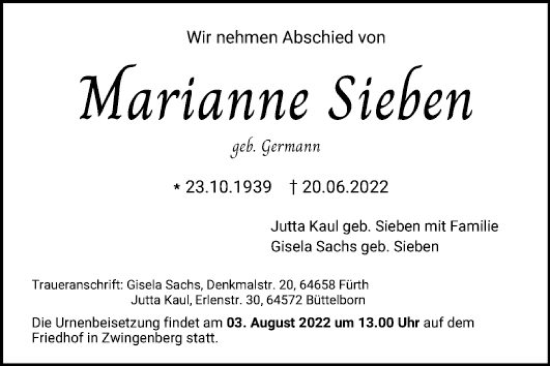 Traueranzeige von Marianne Sieben von Bergsträßer Anzeiger