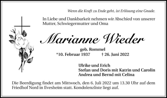 Traueranzeige von Marianne Wieder von Mannheimer Morgen