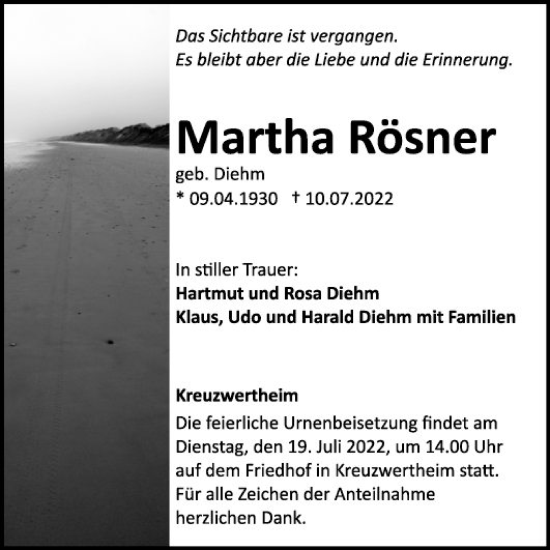 Traueranzeige von Martha Rösner von Fränkische Nachrichten