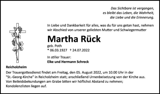 Traueranzeige von Martha Rück von Fränkische Nachrichten