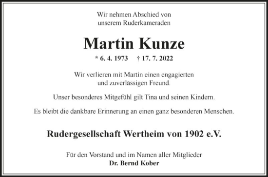 Traueranzeige von Martin Kunze von Fränkische Nachrichten