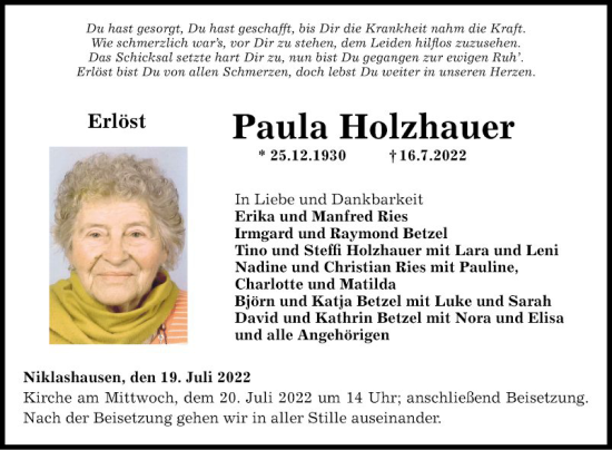 Traueranzeige von Paula Holzhauer von Fränkische Nachrichten