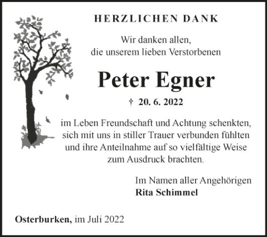 Traueranzeige von Peter Egner von Fränkische Nachrichten