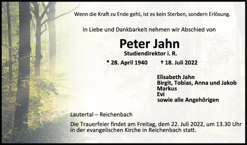  Traueranzeige für Peter Jahn vom 21.07.2022 aus Bergsträßer Anzeiger