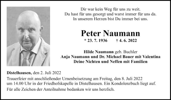 Traueranzeige von Peter Naumann von Fränkische Nachrichten