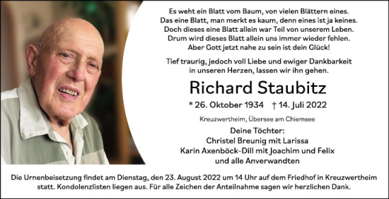 Traueranzeige von Richard Staubitz von Fränkische Nachrichten