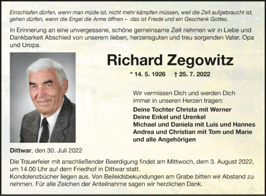 Traueranzeige von Richard Zegowitz von Fränkische Nachrichten