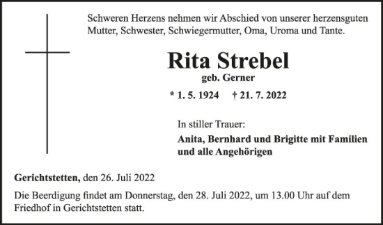 Traueranzeige von Rita Strebel von Fränkische Nachrichten