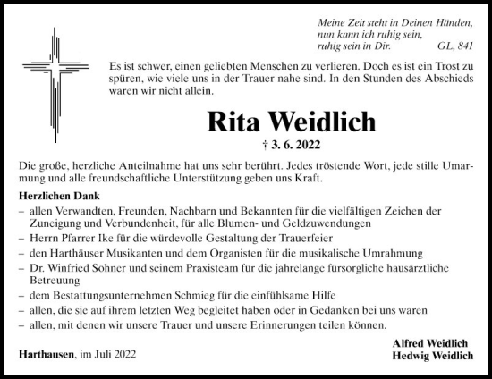 Traueranzeige von Rita Weidlich von Fränkische Nachrichten