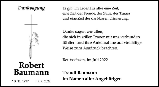 Traueranzeige von Robert Baumann von Fränkische Nachrichten