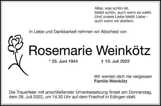 Traueranzeige von Rosemarie Weinkötz von Mannheimer Morgen