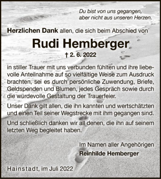 Traueranzeige von Rudi Hemberger von Fränkische Nachrichten