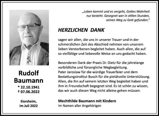 Traueranzeige von Rudolf Baumann von Fränkische Nachrichten