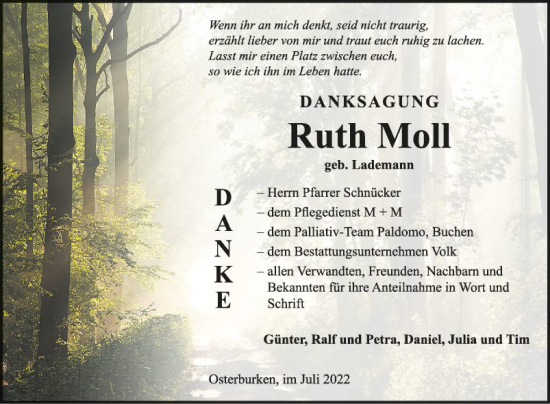 Traueranzeige von Ruth Moll von Fränkische Nachrichten