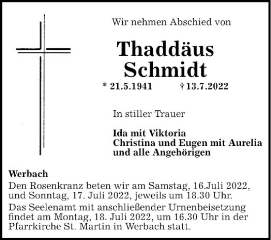 Traueranzeige von Thaddäus Schmidt von Fränkische Nachrichten