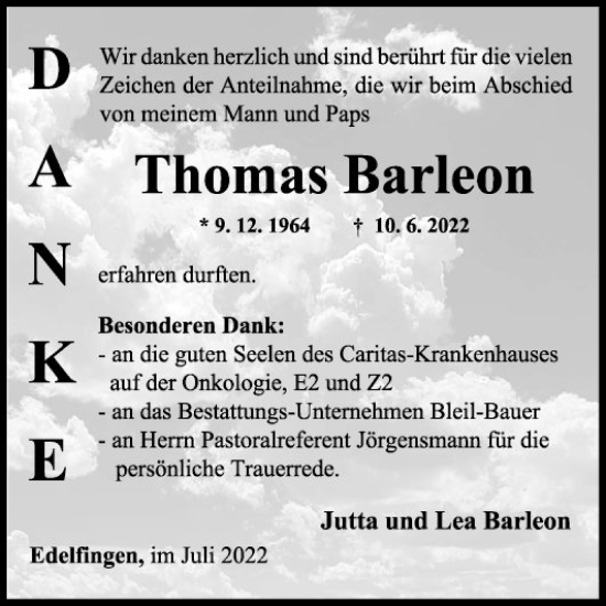 Traueranzeige von Thomas Barleon von Fränkische Nachrichten