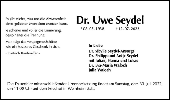 Traueranzeige von Uwe Seydel von Mannheimer Morgen