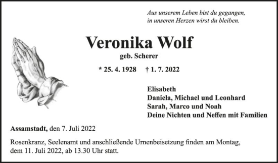 Traueranzeige von Veronika Wolf von Fränkische Nachrichten