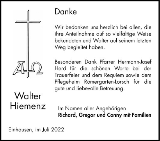 Traueranzeige von Walter Hiemenz von Bergsträßer Anzeiger