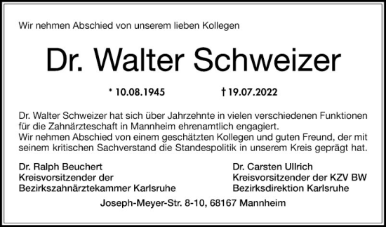 Traueranzeige von Walter Schweizer von Mannheimer Morgen