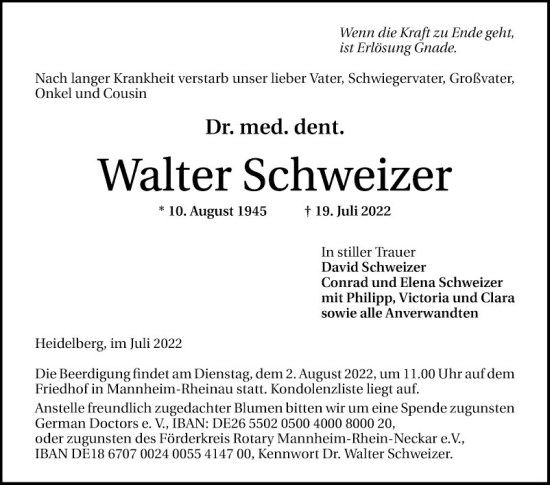 Traueranzeige von Walter Schweizer von Mannheimer Morgen