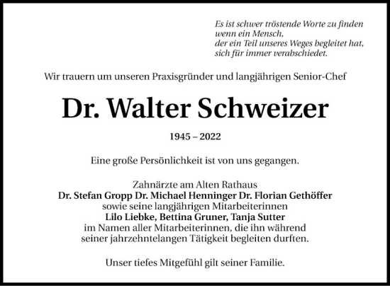 Traueranzeige von Walter Schweizer von Mannheimer Morgen