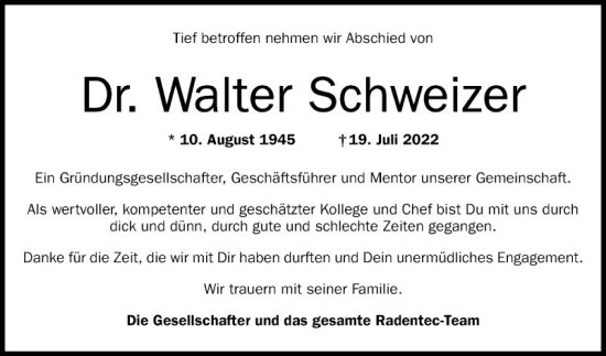 Traueranzeige von Walter Schweizer von Mannheimer Morgen