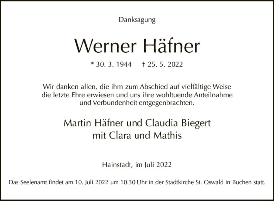 Traueranzeige von Werner Häfner von Fränkische Nachrichten