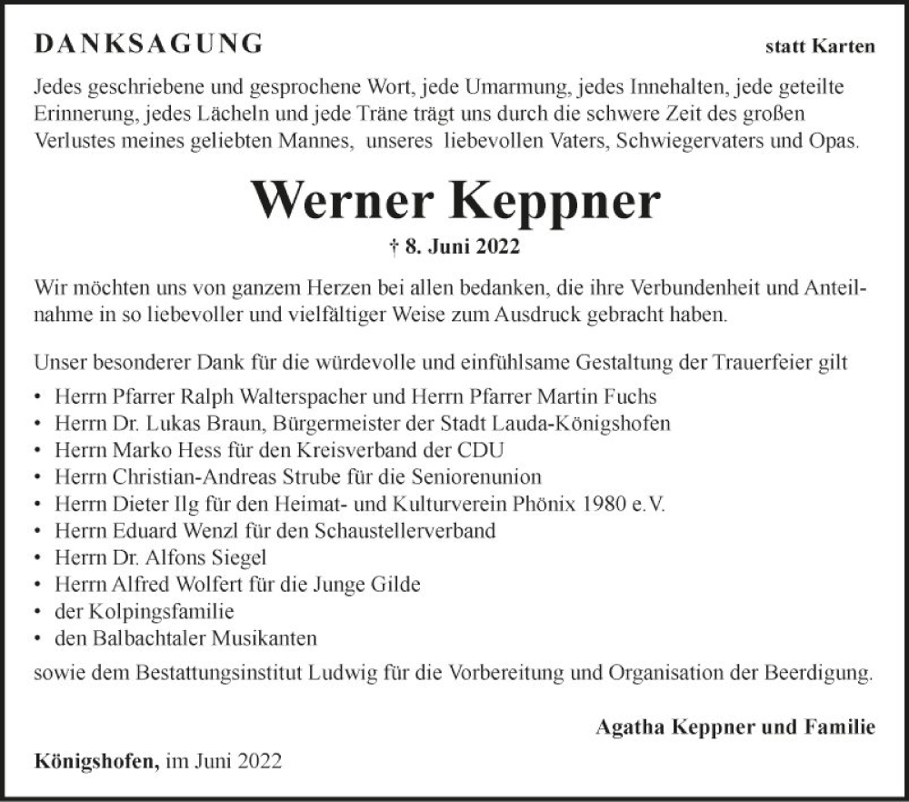  Traueranzeige für Werner Keppner vom 02.07.2022 aus Fränkische Nachrichten