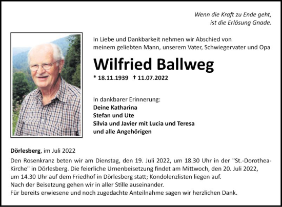 Traueranzeige von Wilfried Ballweg von Fränkische Nachrichten