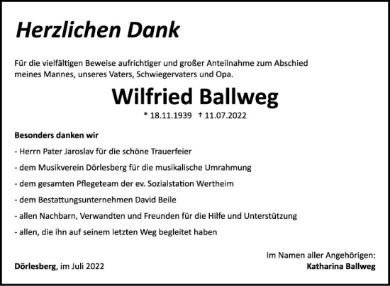 Traueranzeige von Wilfried Ballweg von Fränkische Nachrichten