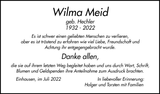 Traueranzeige von Wilma Meid von Bergsträßer Anzeiger