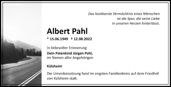 Traueranzeige von Albert Pahl von Fränkische Nachrichten