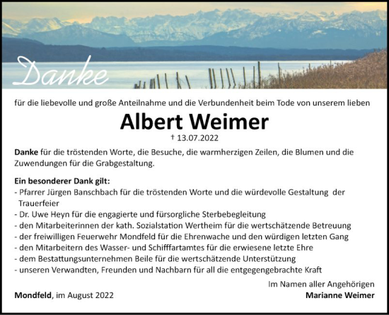 Traueranzeige von Albert Weimer von Fränkische Nachrichten