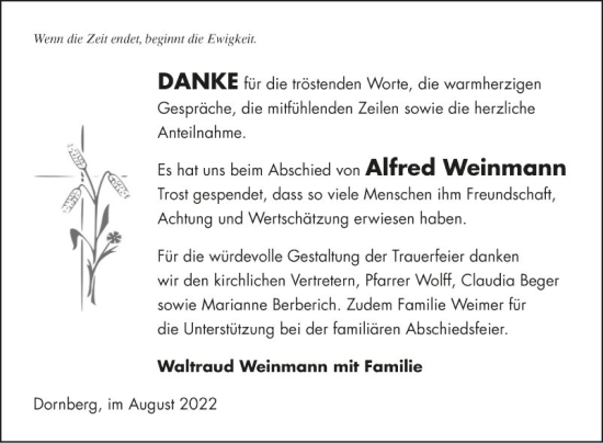 Traueranzeige von Alfred Weinmann von Fränkische Nachrichten