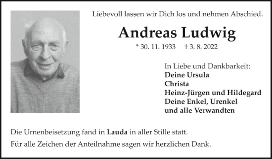 Traueranzeige von Andreas Ludwig von Fränkische Nachrichten