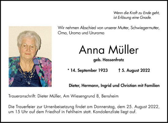 Traueranzeige von Anna Müller von Bergsträßer Anzeiger