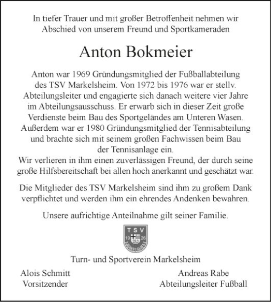 Traueranzeige von Anton Bokmeier von Fränkische Nachrichten