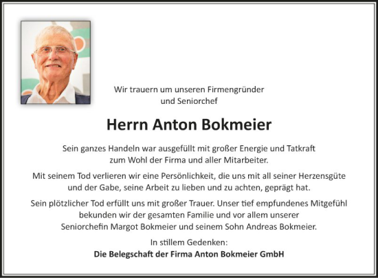 Traueranzeige von Anton Bokmeier von Fränkische Nachrichten