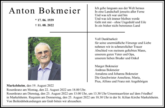 Traueranzeige von Anton Bokmeier von Fränkische Nachrichten