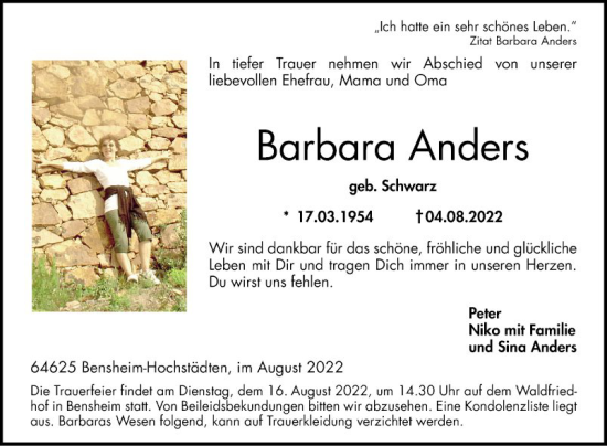 Traueranzeige von Barbara Anders von Bergsträßer Anzeiger