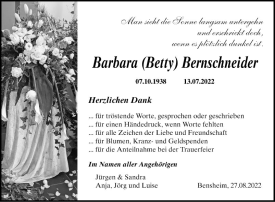 Traueranzeige von Barbara Bernschneider von Bergsträßer Anzeiger