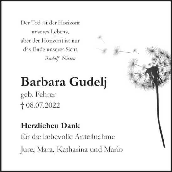 Traueranzeige von Barbara Gudelj von Fränkische Nachrichten