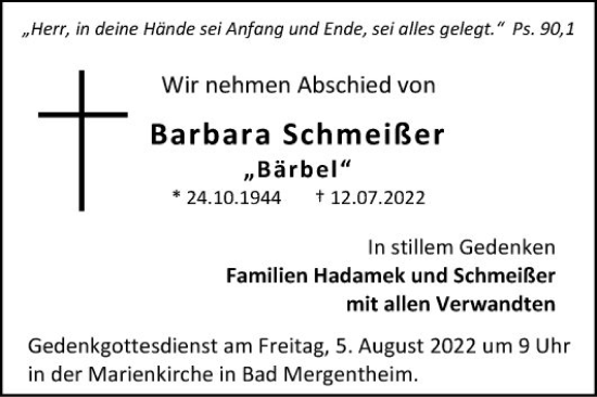 Traueranzeige von Barbara Schmeißer von Fränkische Nachrichten