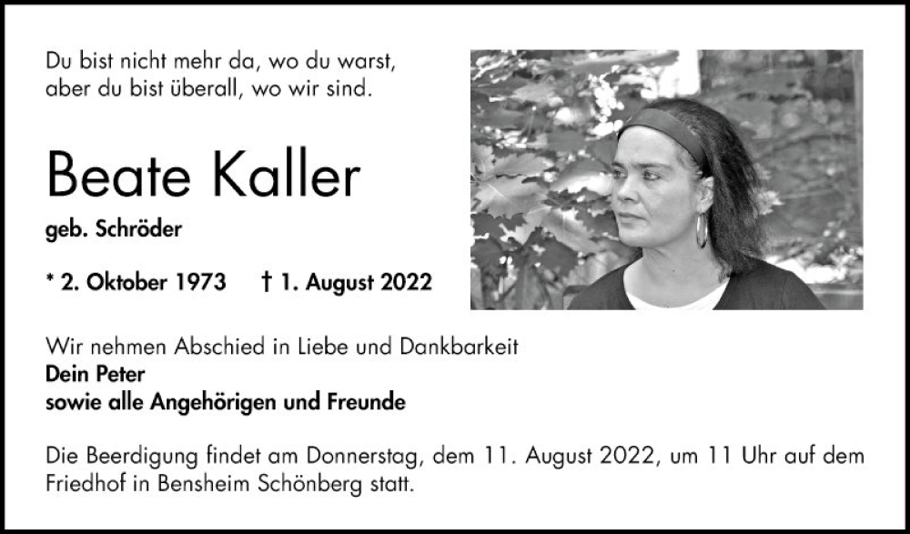  Traueranzeige für Beate Kaller vom 08.08.2022 aus Bergsträßer Anzeiger