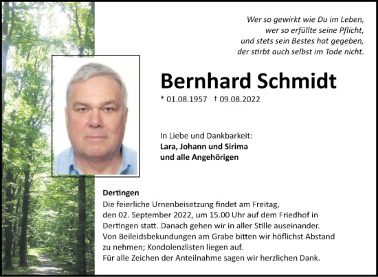 Traueranzeige von Bernhard Schmidt von Fränkische Nachrichten