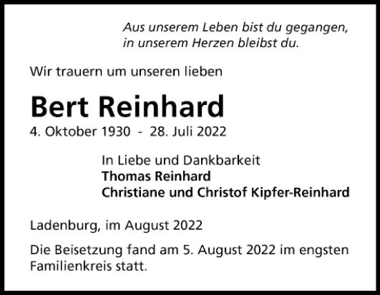 Traueranzeige von Bert Reinhard von Mannheimer Morgen