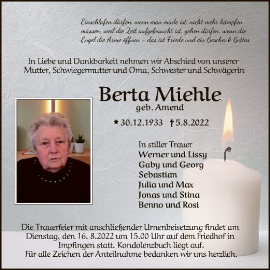 Traueranzeige von Berta Miehle von Fränkische Nachrichten