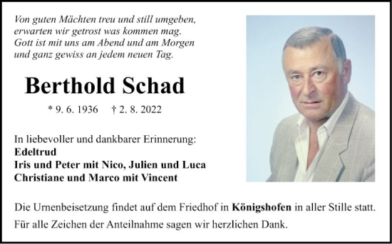 Traueranzeige von Berthold Schad von Fränkische Nachrichten