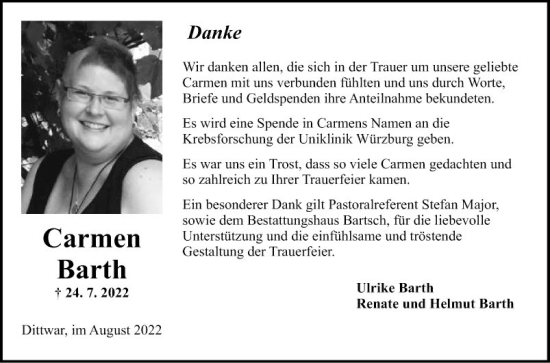 Traueranzeige von Carmen Barth von Fränkische Nachrichten